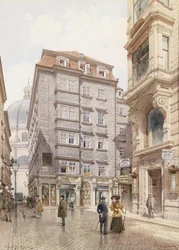 Das Tuchgeschäft Albert Hardt in der Freisingergasse, hinten die Peterskirche